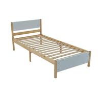 Cama individual, cama de madera, estructura de pino con pata central, cama juvenil, cama adulto, con cabecero y piecero de mdf, blanco + natural, 90x200 cm