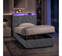 Cama individual de 90 x 200 cm con almacenamiento, cama acolchada de terciopelo con LED RGB y puertos USB/Type-C, estructura de cama con elevación hidráulica y somier de láminas de madera, gris oscuro