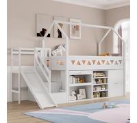 Cama individual tipo loft blanca, cama infantil de madera, cama individual con armarios y cajón, cama individual con tobogán y escalera (sin colchón)