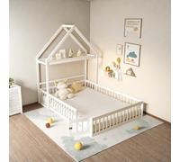 Cama Infantil 140x200 cm, Madera Maciza de Pino con Barrera Anticaída, Somier de Láminas y Espacio de Almacenaje - Cama Montessori Baja