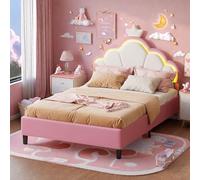 Cama infantil 90 x 200 cm, cama acolchada con LED para niña adolescente, cabecera ajustable en altura, cama de princesa en forma de corona, somier de listones y respaldo, rosa sin colchón (90 x 200)