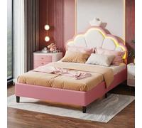 Cama infantil 90 x 200 cm con LED y cabecero ajustable, cama niña con cabeza en forma de corona, marco con somier de láminas, patas de metal, sin Matela, terciopelo, rosa