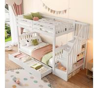 Cama infantil 90 x 200 cm, litera, cama alta con estantería y 2 cajones, barandilla alta