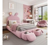 Cama infantil 90 x 200 cm, orejas de conejo brillantes, tiras luminosas cálidas, 2 taburetes de almacenamiento, listones de madera, terciopelo rosa