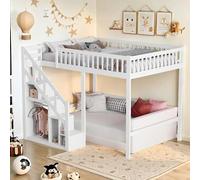 Cama infantil 90 x 200 con escalera de seguridad, cama entrepiso de 1 plaza de madera maciza con espacio de almacenamiento y armario pequeño, cama combina niños multifunción con protección anticaída