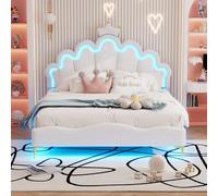 Cama infantil acolchada de 140 x 200 cm, camas dobles LED para niña, marco de cama con cabecera de cama ajustable en altura en forma de corona y somier de láminas, camas para niña, cama joven de