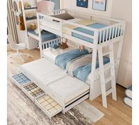 Cama infantil alta 90 x 200 cm con cama nido para 2-3 niños, litera de madera con escalera y 3 cajones, cama funcional con somier y protección anticaídas para niñas y niños (blanco)