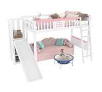 Cama Infantil Alta con Tobogán y Luces LED - Litera Individual con Estantes, Rejilla de Seguridad y Cert. EN747 - Madera de Pino, 90x200 cm, Blanco