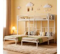Cama infantil, cama triple, litera triple con escalera para niños y adolescentes, cama de hierro con barrera anticaídas y mesa, 90 x 200 cm x 3 (blanco)