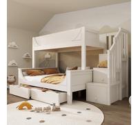 Cama infantil con armario y cajones, elegante diseño en forma de trineo, cama de madera con protección anticaídas y somier, parte superior de 90 x 200 cm, inferior 140 x 200 cm, blanco (sin colchón