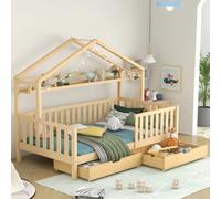 Cama infantil con cajones de madera maciza con listones de madera de pino, para casa de niños y jóvenes, 90 x 200 cm, color madera