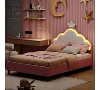 Cama infantil de 140 x 200 cm, cama acolchada con LED para niña adolescente, cabecera ajustable en altura, cama de princesa en forma de corona, somier de listones y respaldo, rosa sin colchón (140 x