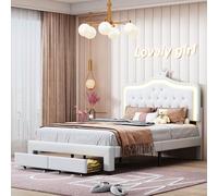 Cama infantil de 140 x 200 cm, cama juvenil con cabecero ajustable, iluminación LED, somier de láminas y cajones grandes, marco de cama acolchado individual para niños, piel sintética, color blanco