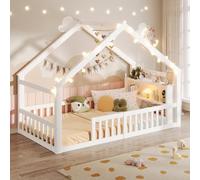 Cama infantil de 90 x 190 cm con rejilla, perlas LED, listón de casa | Con estantes integrados, fácil montaje, blanco, estilo minimalista