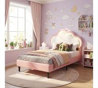Cama infantil de 90 x 200, cama de niña con cabecera ajustable en altura en forma de nubes, cama individual acolchada de 90 x 200, camas para 1 personas, somier de láminas, apto para niños y