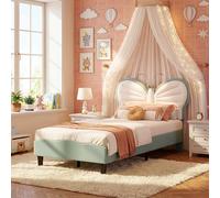 Cama infantil de 90 x 200, cama princesa, cama individual acolchada con cabecera de cama ajustable en altura en forma de mariposa, somier de láminas, camas para niña adolescente, terciopelo, sin