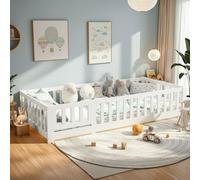 Cama infantil de 90 x 200 cm, cama de suelo Montessori con salida lateral, cama infantil segura para niños y niñas, protección contra caídas y somier de láminas de madera maciza de pino, color blanco