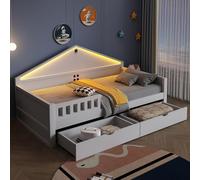 Cama infantil de 90 x 200 cm, cama individual, diseño en forma de casa con iluminación LED, con 2 cajones inferiores, cama adolescente con somier de láminas, color blanco (colchón no incluido)