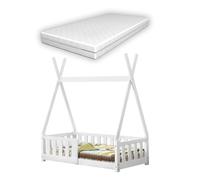 Cama infantil helsingborg con colchón y reja de seguridad - estructura tipi - pino 140x70 cm - blanco mate [en.casa]