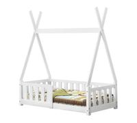 [en.casa] Cama para Niños Helsingborg Pequeños Estructura Tipi Indio Cama Montessori con Somier Cama Infantil con Reja de Seguridad Carga máx. 80 kg Madera Pino 70 x 140 cm - Blanco Mate