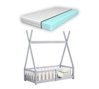Cama infantil helsingborg con reja de seguridad y colchón - diseño tipi - pino 140x70 cm - gris claro [en.casa]