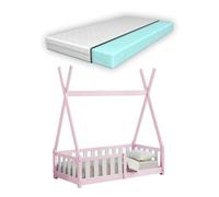 Cama infantil helsingborg con reja de seguridad y colchón - diseño tipi - pino 140x70 cm - rosa mate [en.casa]