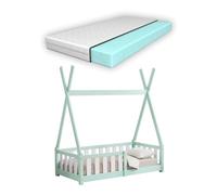 Cama infantil helsingborg con reja de seguridad y colchón - diseño tipi - pino 140x70 cm - verde menta [en.casa]