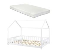 Cama infantil hesel en forma de casa con reja y colchón 120x200cm - blanco [en.casa]