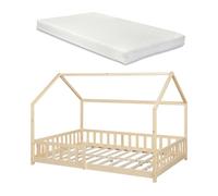 Cama infantil hesel en forma de casa con reja y colchón 120x200cm - natural [en.casa]