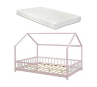 Cama infantil hesel en forma de casa con reja y colchón 120x200cm - rosa [en.casa]