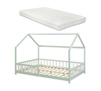 Cama infantil hesel en forma de casa con reja y colchón 120x200cm - verde menta [en.casa]