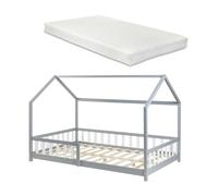 Cama infantil hesel en forma de casa con reja y colchón 140x200cm - gris [en.casa]