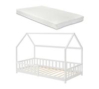 Cama infantil hesel en forma de casa con reja y colchón 90x200cm - blanco [en.casa]