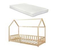 Cama infantil hesel en forma de casa con reja y colchón 90x200cm - natural [en.casa]