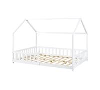 [en.casa] Cama para Niños Decrativa Cama Infantil Individual con Somier y Barandilla Estructura en Forma de Casa Estilo Montessori Madera de Pino 120 x 200 cm - Blanco