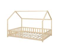 Cama infantil hesel en forma de casa pino con reja 120x200cm - natural [en.casa]