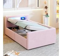 Cama infantil individual tapizada 90x200 con luz LED y toma USB, cama basculante hidráulica con cabecero canapé, estructura de cama juvenil con somier de láminas,C