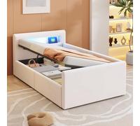Cama infantil individual tapizada 90x200 con luz LED y toma USB, cama basculante hidráulica con cabecero canapé, estructura de cama juvenil con somier de láminas,B
