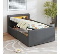 Cama infantil individual tapizada 90x200 con luz LED y toma USB, cama basculante hidráulica con cabecero canapé, estructura de cama juvenil con somier de láminas,D