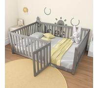 Cama Infantil Montessori 140x200 cm con Puerta y Barrera de Seguridad, Estructura de Madera Maciza de Pino con Somier de Listones, Cama de Suelo para Niños y Niñas