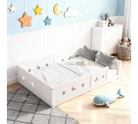 Cama infantil Montessori de suelo de 120 x 200 cm, cama infantil con protección anticaídas y somier de láminas, cama infantil, cama individual, cama infantil de madera maciza de pino, color blanco