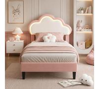Cama infantil niña 90 x 200 cm, cama infantil nube con LED, cabecera ajustable en altura en forma de nubes, somier de láminas, camas acolchadas para 1 persona para niña adolescente, PU, ros blanco