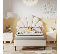 Cama infantil tapizada 90 x 200 cm, cama 90 x 200 cm para niñas con forma de corona pétalo, con somieres de láminas y respaldo, para adultos y jóvenes (colchón no incluido) (Terciopelo beige)
