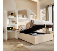 Cama Infantil Tapizada con Lino y Estructura Metal y Madera, con Estante Librería y Almacenaje Hidráulico USB Type-C, Cama Juvenil para Dormitorio y Habitación, Natural y Blanco, 90 x 200 cm