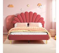 Cama infantil tapizada de 140 x 200 cm, marco de cama doble para niñas, cama juvenil con cabecero en forma de pétalo, marco de cama con somier, sin colchón, terciopelo, vino tinto