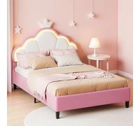 Cama infantil tapizada de 140 x 200 cm para niños, corona de princesas con LED, cama juvenil con cabecero de altura regulable y somier de láminas, sin colchón, cuna para niñas, color rosa (140 x 200