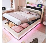 Cama infantil tapizada de 90 x 200 cm, con luces que cambian de color y enchufe USB, cabecero plegable, con espacio de almacenamiento hidráulico, con bolsillo para teléfono móvil, cama individual