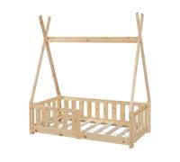 [en.casa] Cama para Niños Helsingborg Pequeños Estructura Tipi Indio Cama Montessori con Somier Cama Infantil con reja de Seguridad Carga máx. 80 kg Madera Pino 70 x 140 cm - Natural