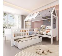 Cama Infantil Tipo Casa de Madera Maciza con Tejido de Toldo y Cojines, Cama 90 x 200 con Cajones de Almacenaje Inferiores, Cama Infantil sin Colchón para Dormitorio y Habitación Juvenil, Blanca