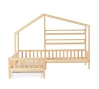 Cama infantil tipo casita con cajones y estantes, de madera maciza con valla y somier de láminas, estructura en l, color natural (90x200 cm + 140x70 cm)
